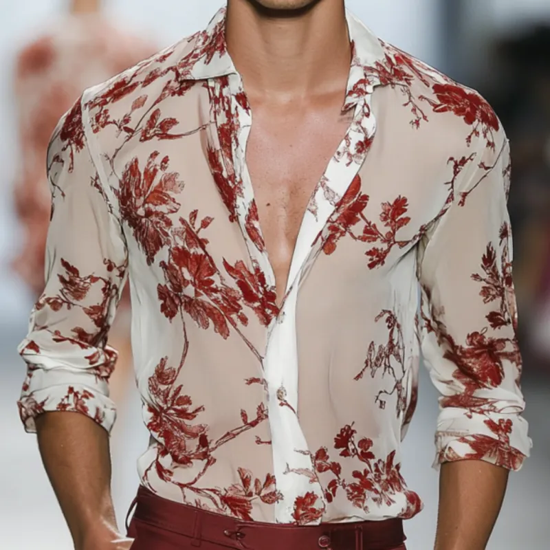 Men's Casual Chiffon Floral Print Loose Long Sleeve Shirt 21001336M sold by Manly product image thumbnail 3