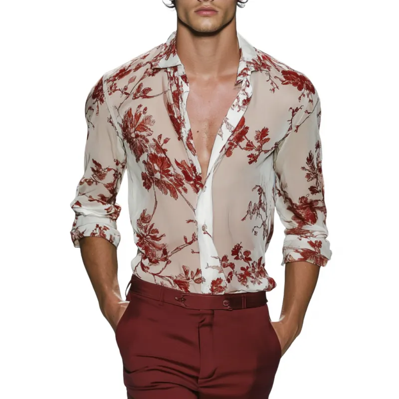 Men's Casual Chiffon Floral Print Loose Long Sleeve Shirt 21001336M sold by Manly
