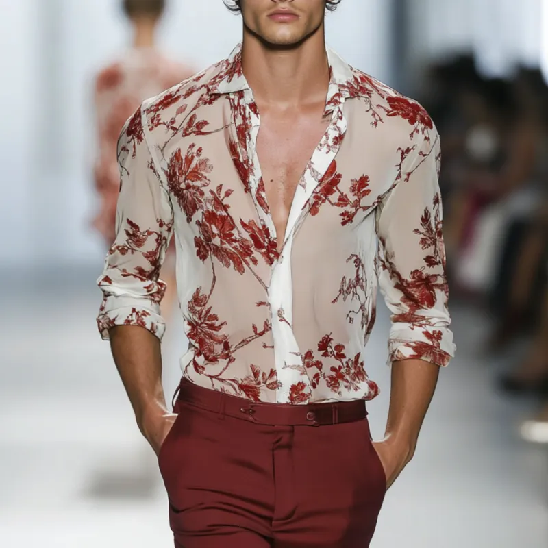 Men's Casual Chiffon Floral Print Loose Long Sleeve Shirt 21001336M sold by Manly product image thumbnail 2