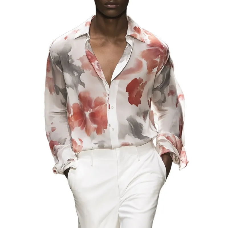 Men's Casual Chiffon Floral Print Loose Long Sleeve Shirt 83108212M sold by Manly