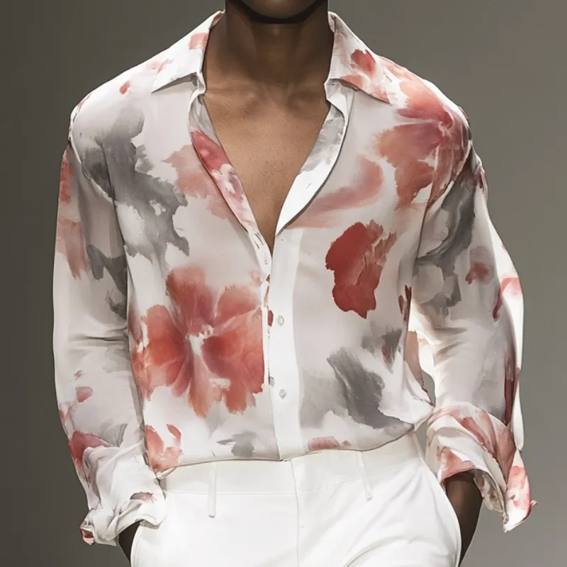 Men's Casual Chiffon Floral Print Loose Long Sleeve Shirt 83108212M sold by Manly product image thumbnail 3