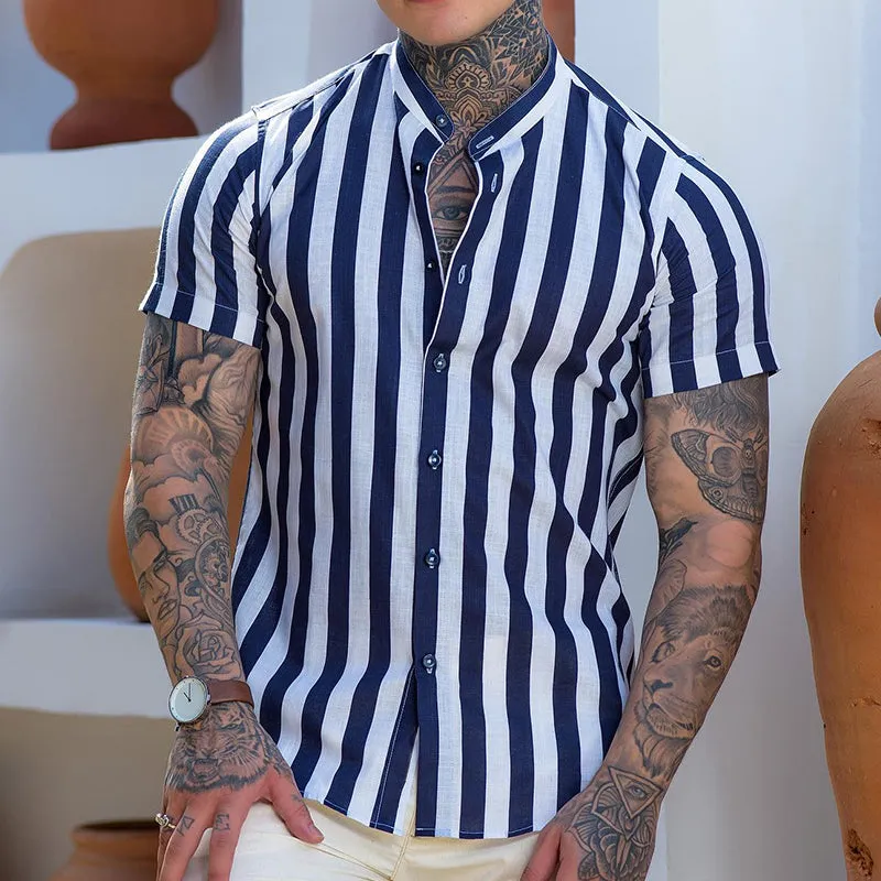 Men's Retro Stripe Print Linen Stand Collar Short Sleeve Shirt MTA1452C3TO sold by Manly product image thumbnail 2