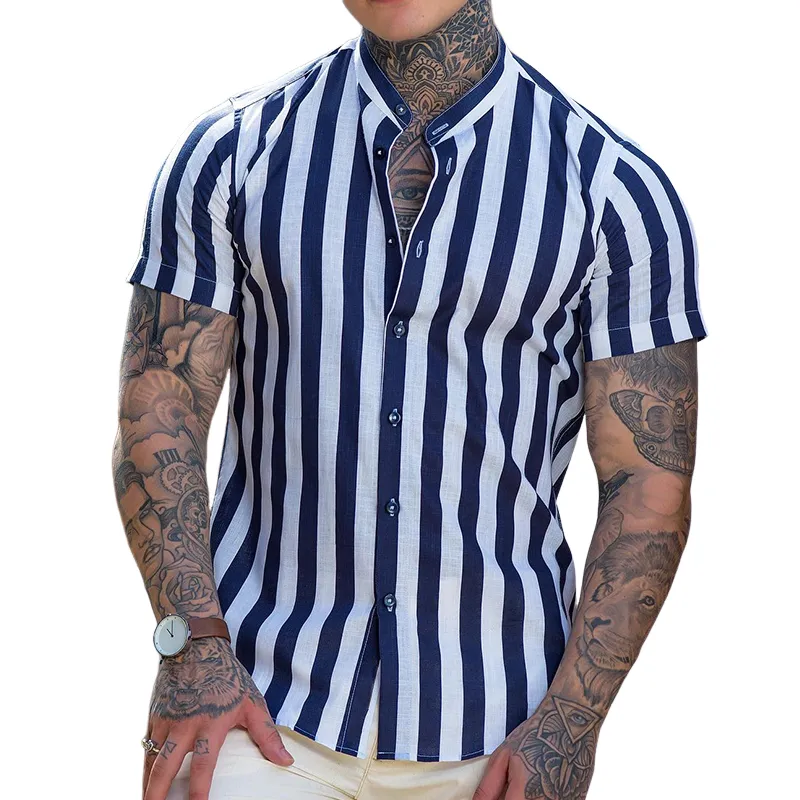 Men's Retro Stripe Print Linen Stand Collar Short Sleeve Shirt MTA1452C3TO sold by Manly