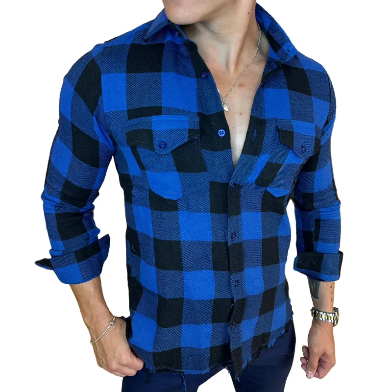 Men's Vintage Plaid Casual Pocket Lapel Long Sleeve Shirt MTA1498C2TO sold by Manly