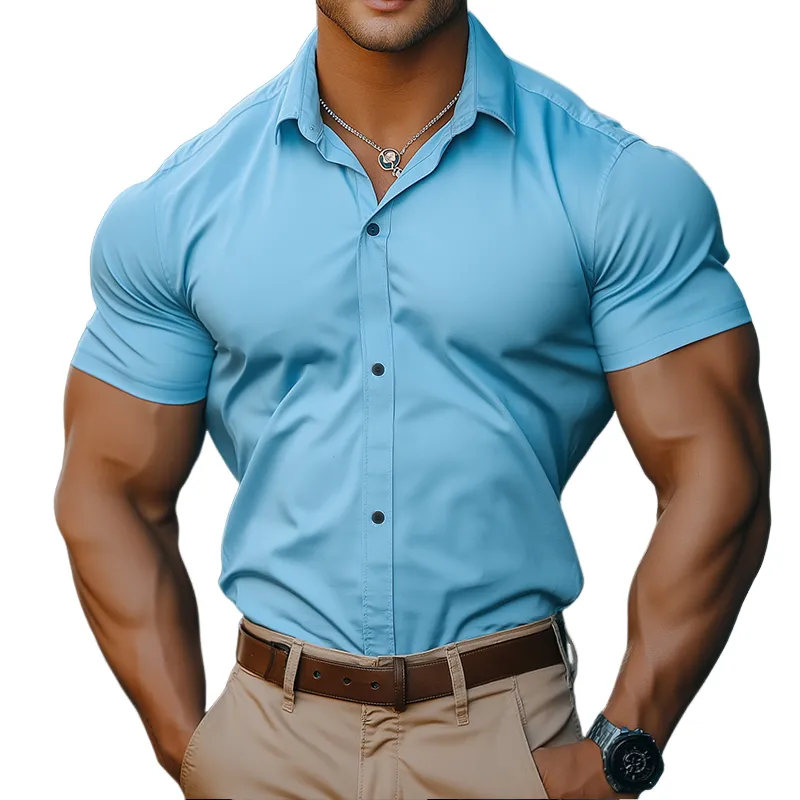 Men's Retro Solid Color Elastic Casual Lapel Short Sleeve Shirt MTA1455C9TO sold by Manly