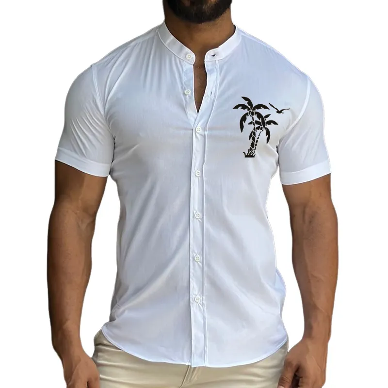 Men's Retro Casual Coconut Tree Print Stand Collar Short Sleeve Shirt MTA1487C9TO sold by Manly