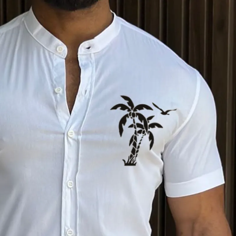 Men's Retro Casual Coconut Tree Print Stand Collar Short Sleeve Shirt MTA1487C9TO sold by Manly product image thumbnail 3
