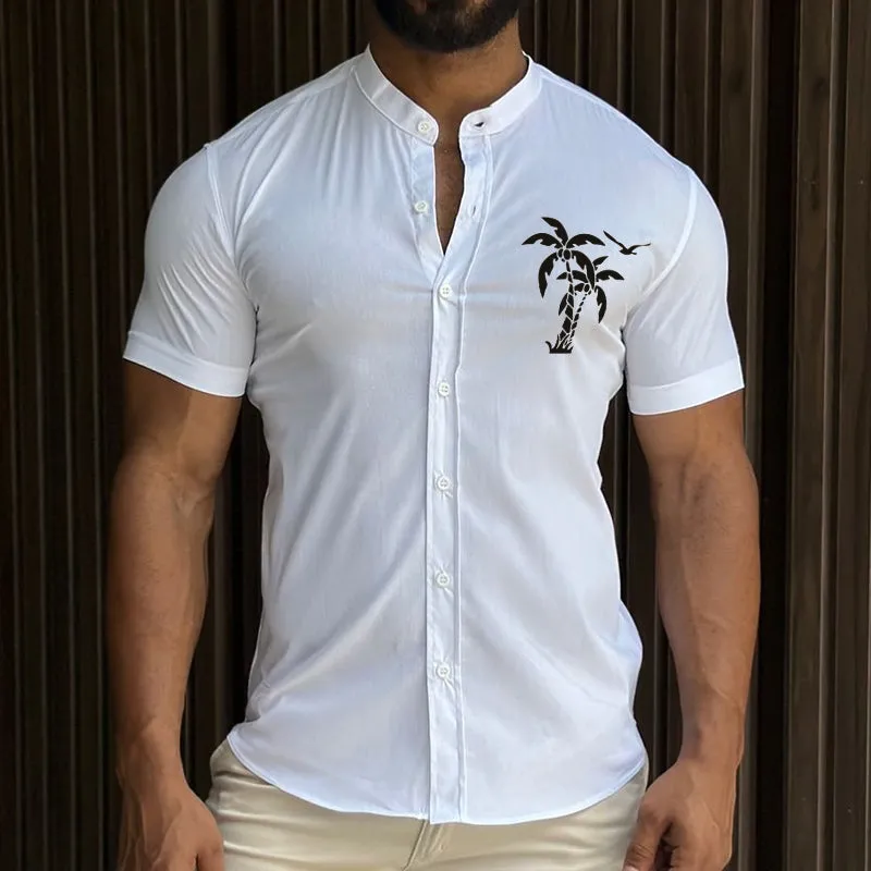 Men's Retro Casual Coconut Tree Print Stand Collar Short Sleeve Shirt MTA1487C9TO sold by Manly product image thumbnail 2