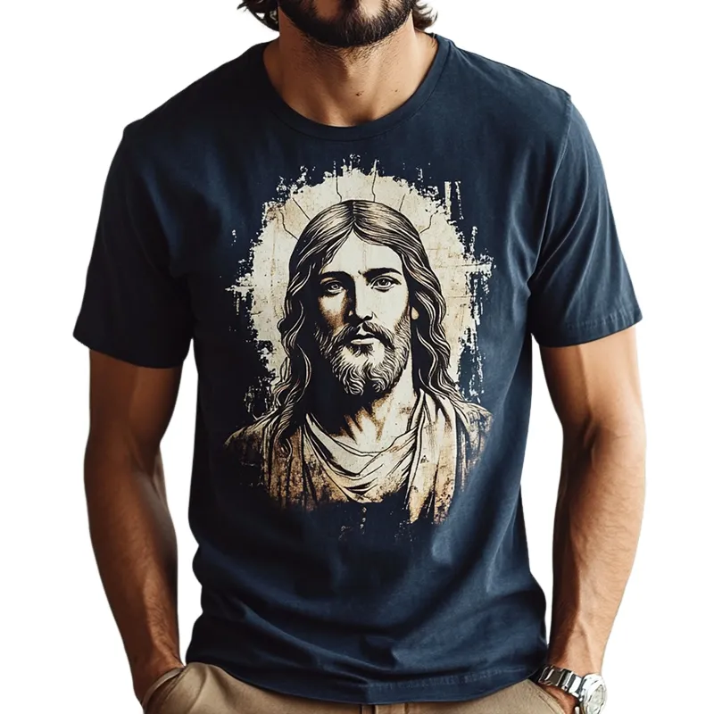 Men's Retro Casual Jesus Printed Round Neck Short Sleeve T-Shirt MTA1449C0TO sold by Manly