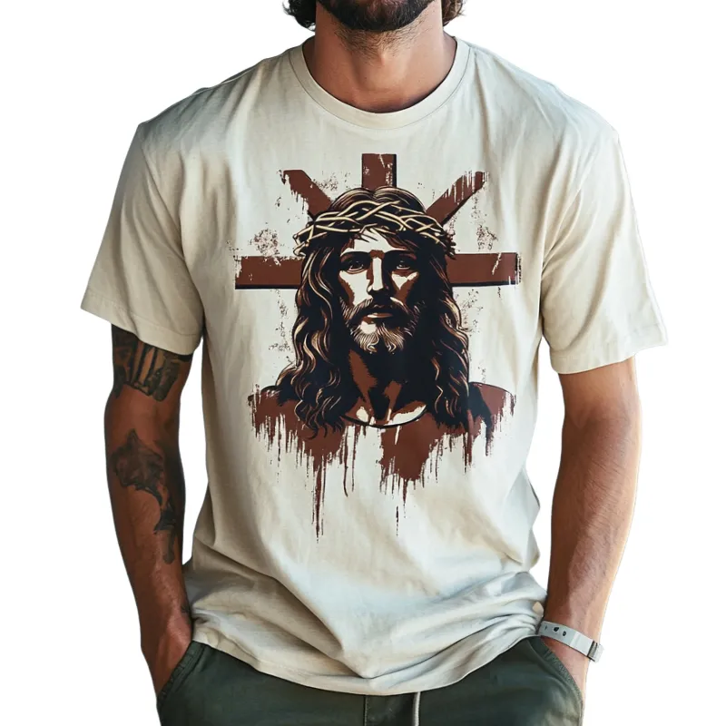 Men's Retro Casual Jesus Printed Round Neck Short Sleeve T-Shirt MTA1488C7TO sold by Manly