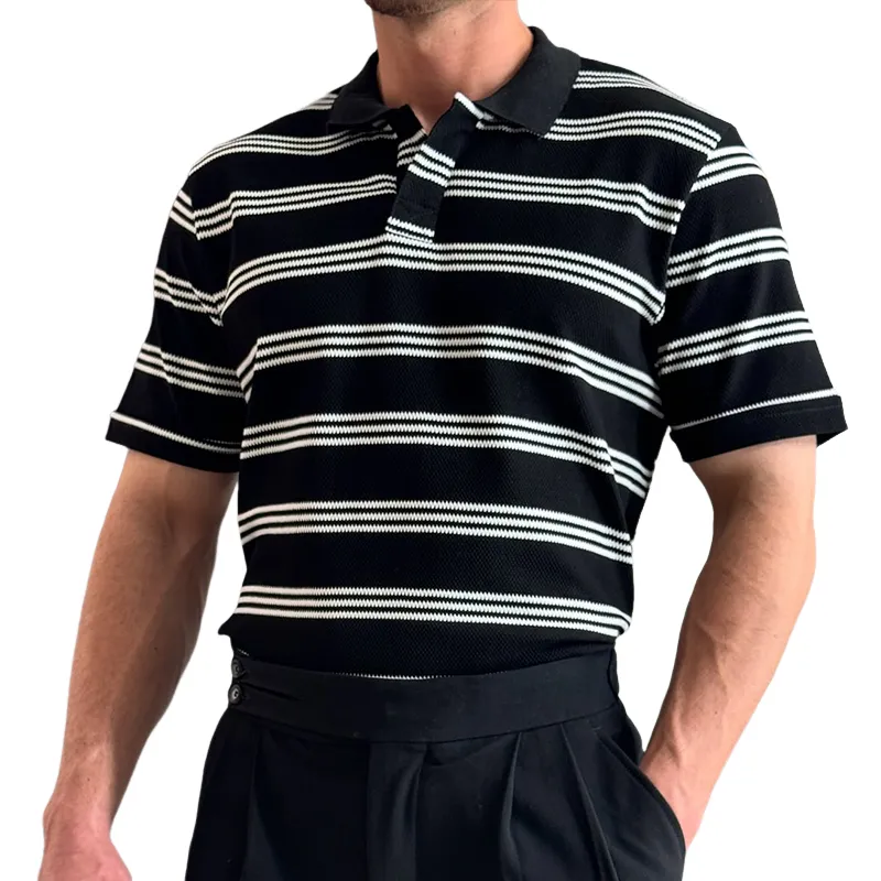 Men's Retro Casual Striped Print Lapel Short Sleeve T-Shirt MTA1427C0TO sold by Manly