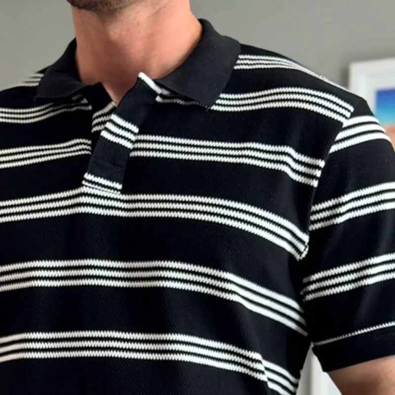 Men's Retro Casual Striped Print Lapel Short Sleeve T-Shirt MTA1427C0TO sold by Manly product image thumbnail 4