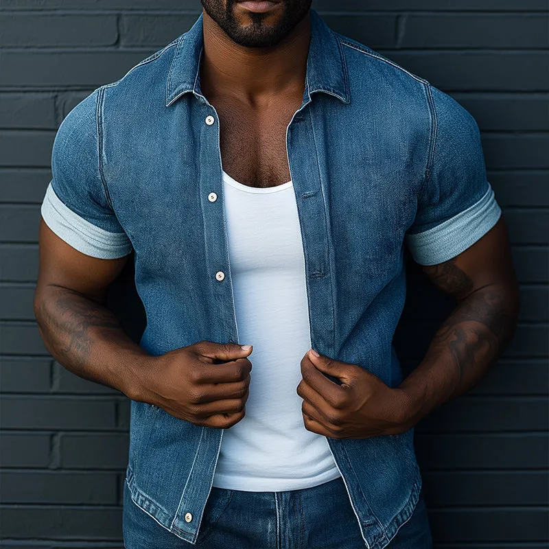 Men's Retro Casual Denim Washed Lapel Short Sleeve Shirt MTA1412C9TO sold by Manly product image thumbnail 3