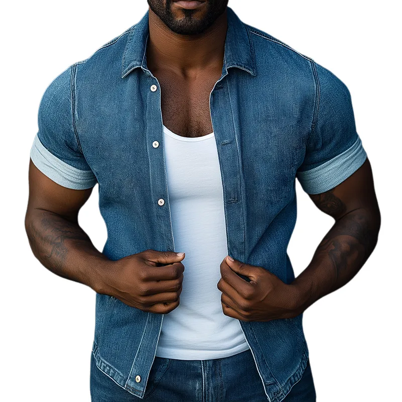 Men's Retro Casual Denim Washed Lapel Short Sleeve Shirt MTA1412C9TO sold by Manly