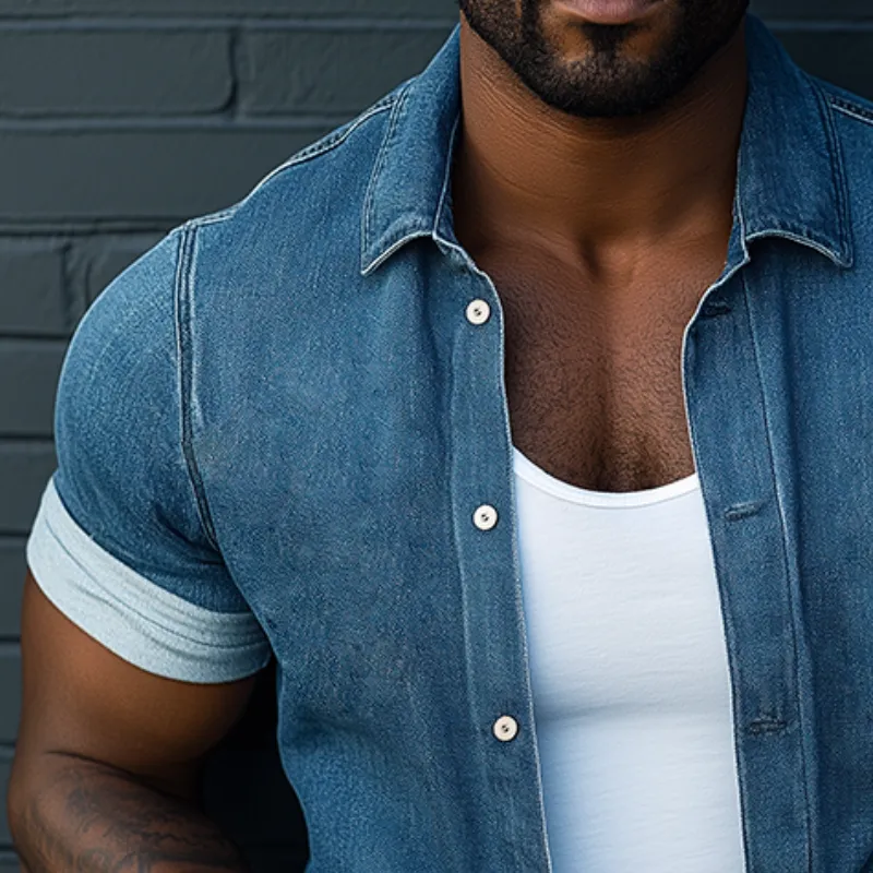 Men's Retro Casual Denim Washed Lapel Short Sleeve Shirt MTA1412C9TO sold by Manly product image thumbnail 4