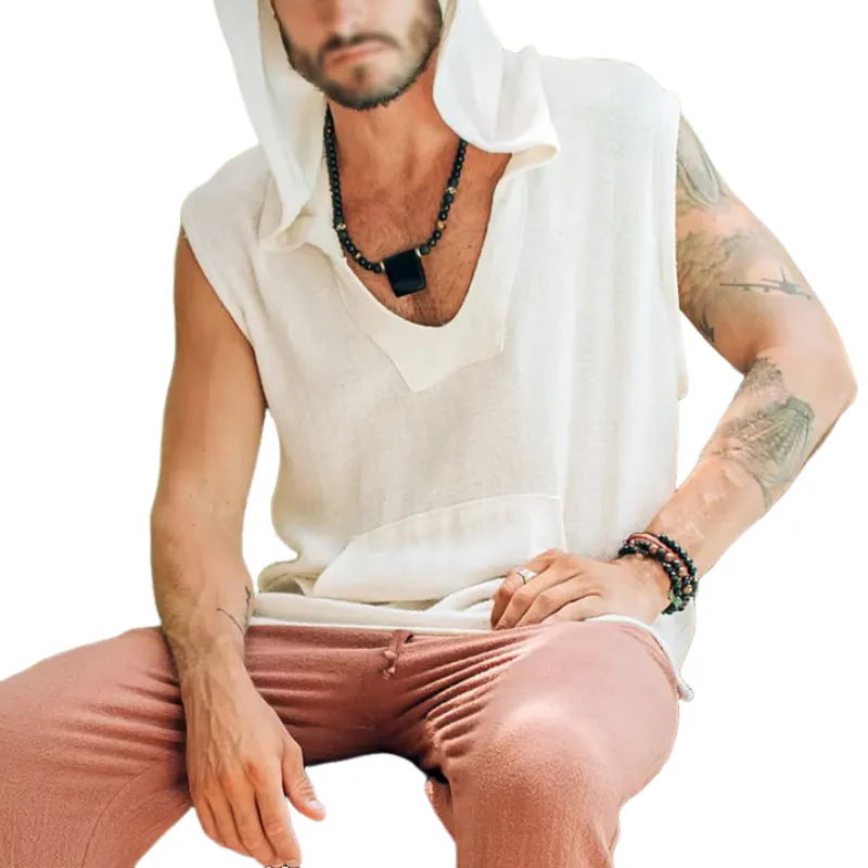 Men's Fashionable Casual Spring and Summer Cotton and Linen Hooded Tank Top MTA1494C1K sold by Manly