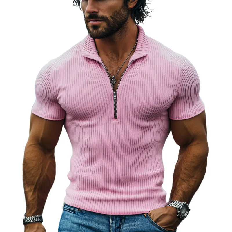 Men's Casual V-neck Zipper Skin-friendly Ribbed Slim Short-sleeved T-shirt MTA1473C6K sold by Manly