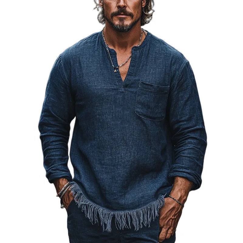 Men's Vintage Navy V-neck Cotton and Linen Casual T-shirt MTA1406C5U sold by Manly
