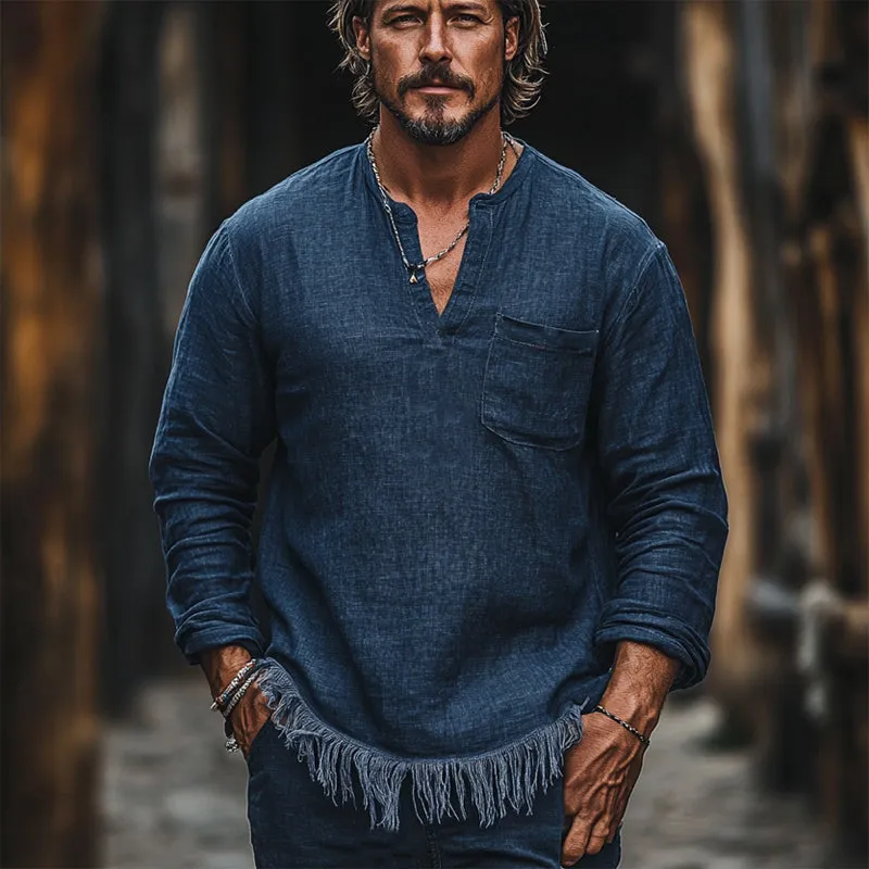 Men's Vintage Navy V-neck Cotton and Linen Casual T-shirt MTA1406C5U sold by Manly product image thumbnail 2