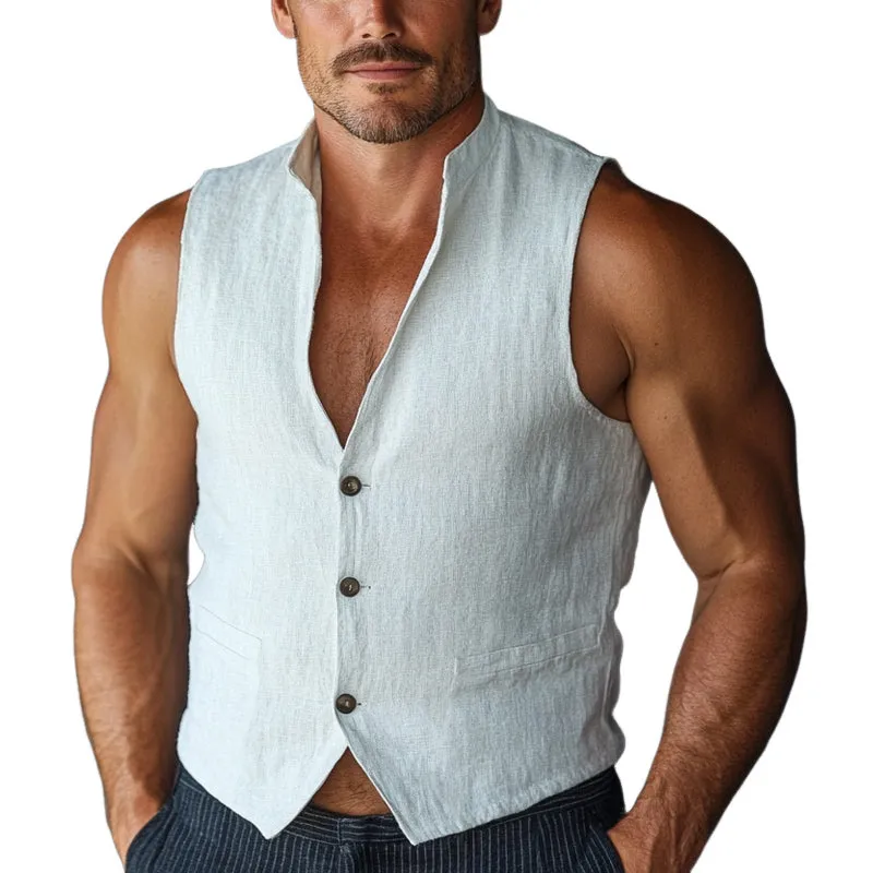 Men's Pure White Stand Collar Cotton And Linen Three-button Vest MTA1472C0U sold by Manly