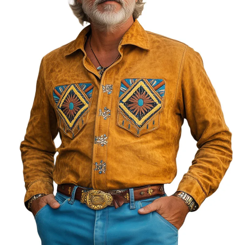 Men's Vintage Embroidered Suede Casual Long Sleeve Shirt MTA1483C7U sold by Manly