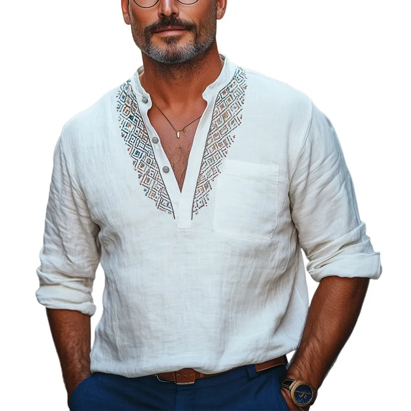 Men's Deep V Neck Vintage Embroidered Cotton and Linen T-Shirt MTA1427C6U sold by Manly