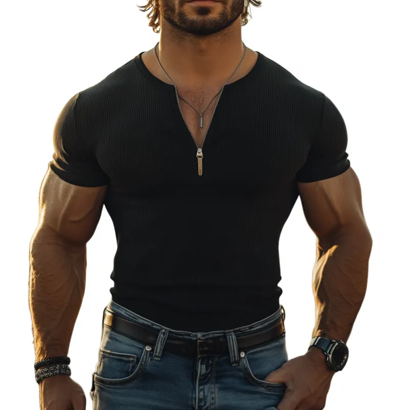 Men's Classic Casual V-neck Zippered Slim Fit Short-sleeved T-shirt MTA1471C6K sold by Manly