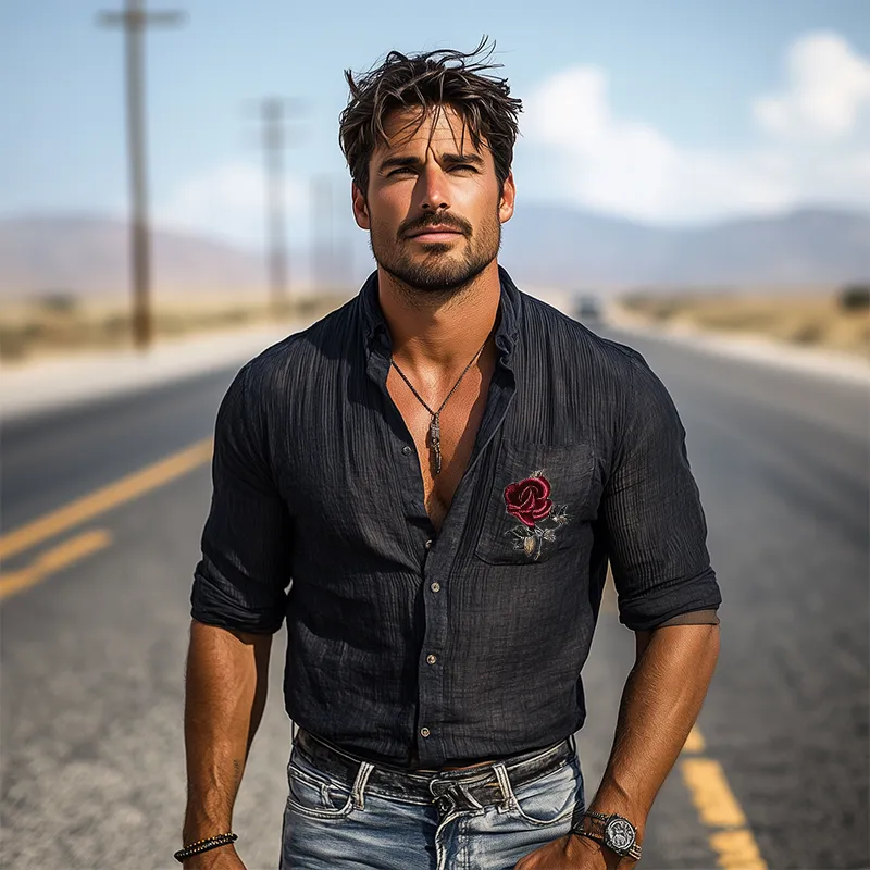 Men's Fashion Casual Silk Cotton Embroidered Stand Collar Long Sleeve Shirt MTA1457C2K sold by Manly product image thumbnail 2