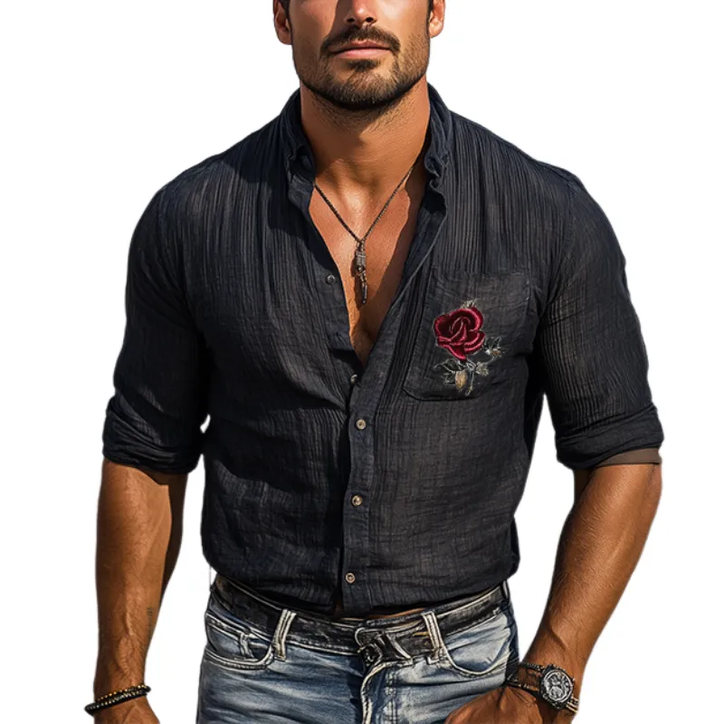 Men's Fashion Casual Silk Cotton Embroidered Stand Collar Long Sleeve Shirt MTA1457C2K sold by Manly