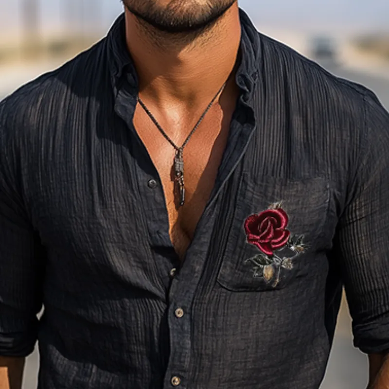 Men's Fashion Casual Silk Cotton Embroidered Stand Collar Long Sleeve Shirt MTA1457C2K sold by Manly product image thumbnail 3