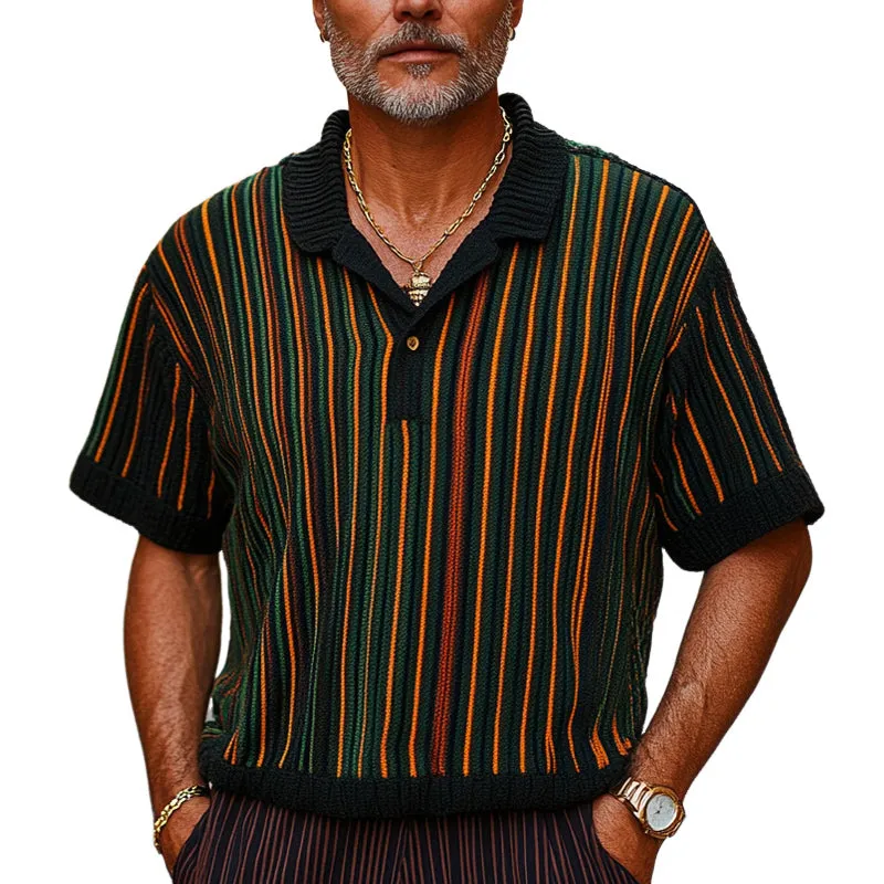 Men's Retro Colorblock Vertical Stripe Knitted T-Shirt MTA1751C0U made by Manly