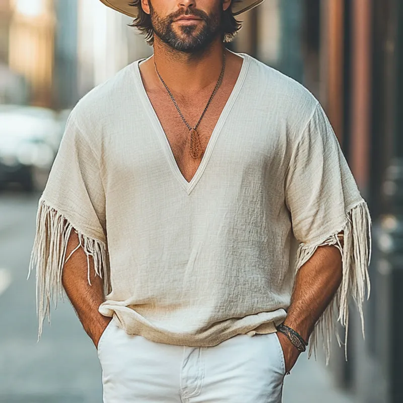 Men's Casual Loose Deep V-Neck Cotton and Linen Tassel T-Shirt MTA1788C2U sold by Manly product image thumbnail 2
