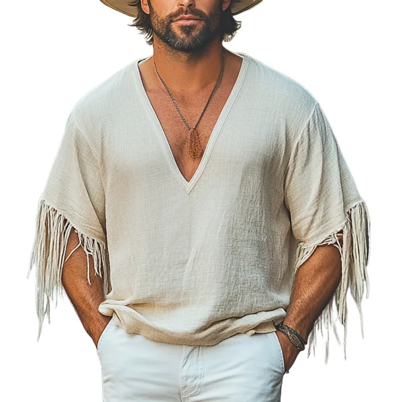Men's Casual Loose Deep V-Neck Cotton and Linen Tassel T-Shirt MTA1788C2U sold by Manly