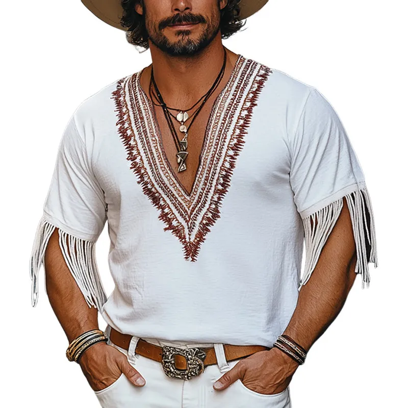 Men's Vintage Embroidered Deep V Neck Cotton Tassel T-Shirt MTA1780C3U sold by Manly