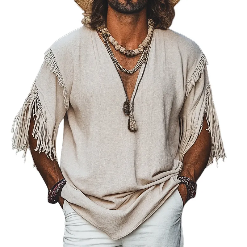 Men's Casual Khaki Loose Deep V Neck Tassel T-Shirt MTA1704C0U sold by Manly