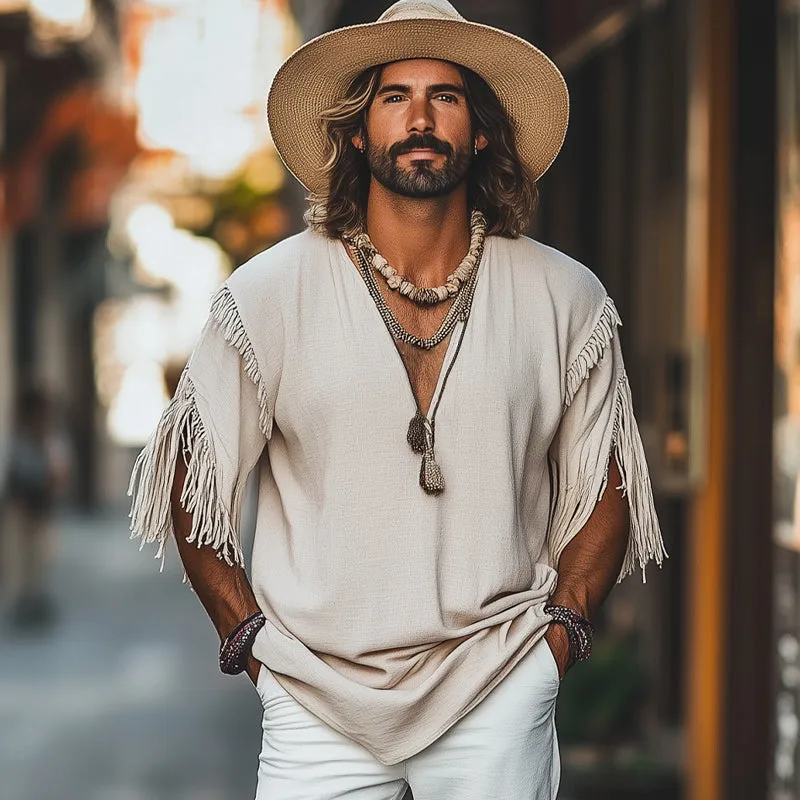 Men's Casual Khaki Loose Deep V Neck Tassel T-Shirt MTA1704C0U sold by Manly product image thumbnail 2