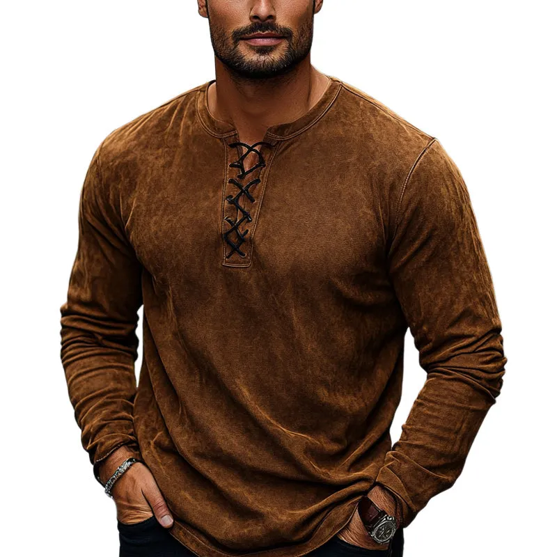 Men's Vintage Brown Suede Lace-Up Long Sleeve T-Shirt MTA1786C1U sold by Manly