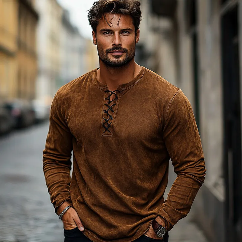Men's Vintage Brown Suede Lace-Up Long Sleeve T-Shirt MTA1786C1U sold by Manly product image thumbnail 2