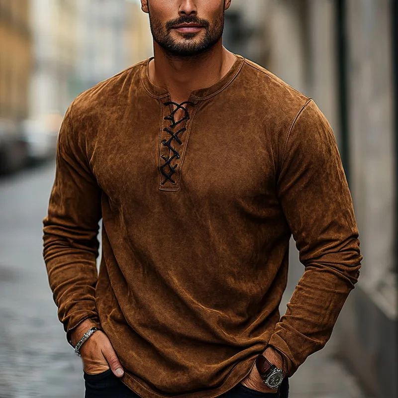 Men's Vintage Brown Suede Lace-Up Long Sleeve T-Shirt MTA1786C1U sold by Manly product image thumbnail 3