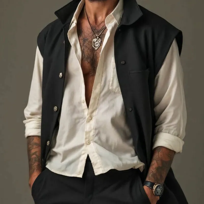 Men's Pure Black Lapel Mid-Length Cotton Vest MTA1776C6U sold by Manly product image thumbnail 3
