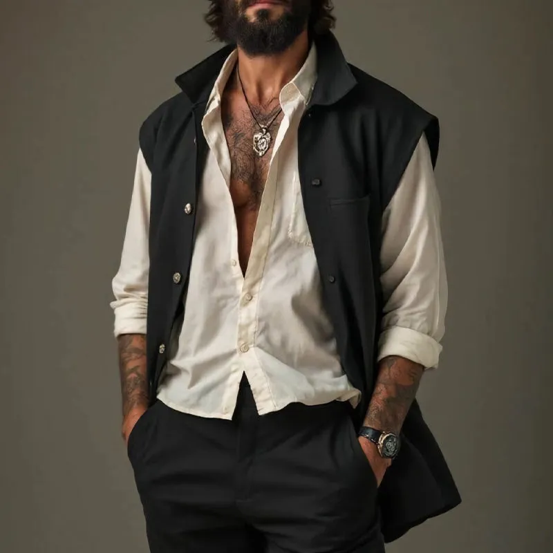 Men's Pure Black Lapel Mid-Length Cotton Vest MTA1776C6U sold by Manly product image thumbnail 2