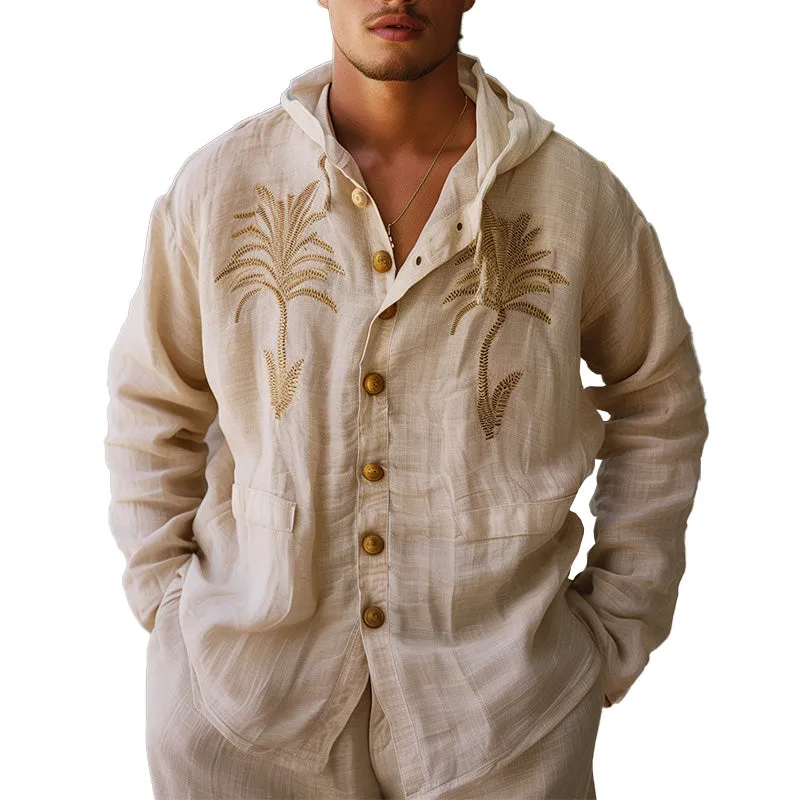 Men's Palm Leaf Embroidered Linen Hooded Shirt MTA1722C7P sold by Manly