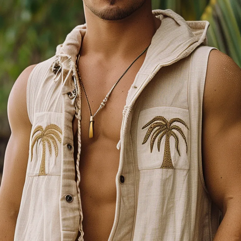 Men's Palm Leaf Embroidered Raw Edge Hooded Vest MTA1709C8P sold by Manly product image thumbnail 3
