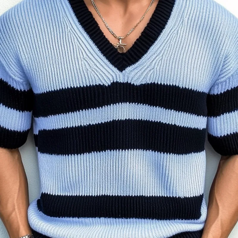 Men's Casual Contrast Color Striped V-Neck Loose Knitted Short-Sleeve Sweater T-Shirt MTA1799C6M sold by Manly product image thumbnail 3