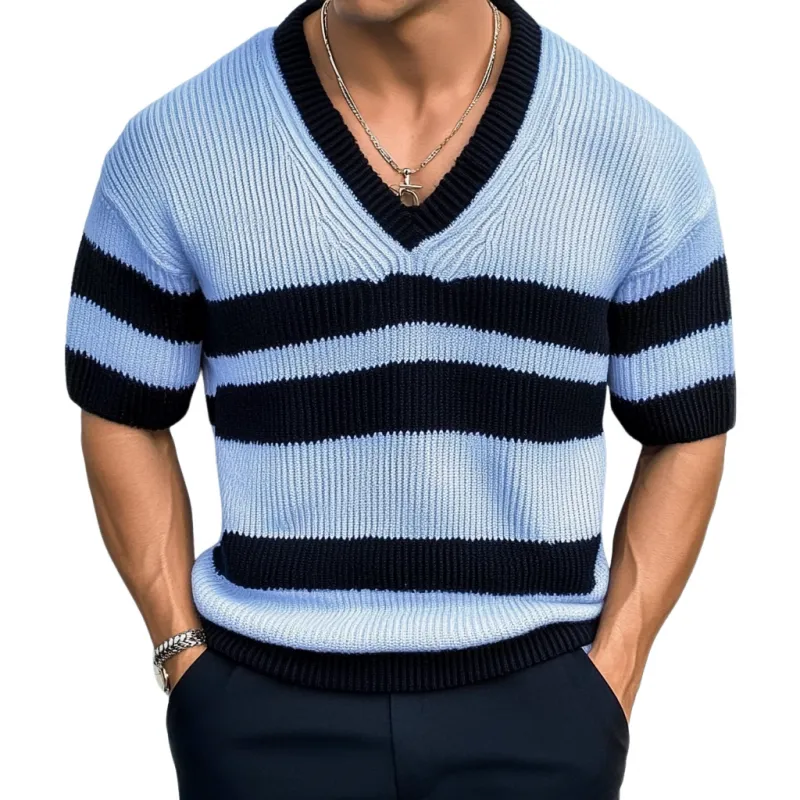 Men's Casual Contrast Color Striped V-Neck Loose Knitted Short-Sleeve Sweater T-Shirt MTA1799C6M sold by Manly