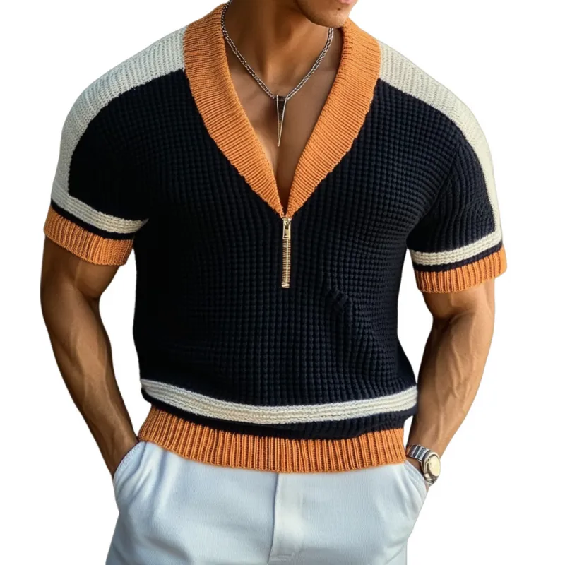 Men's Casual Contrast Color Zip V-Neck Loose Knitted Short Sleeve Sweater T-Shirt MTA1791C8M sold by Manly