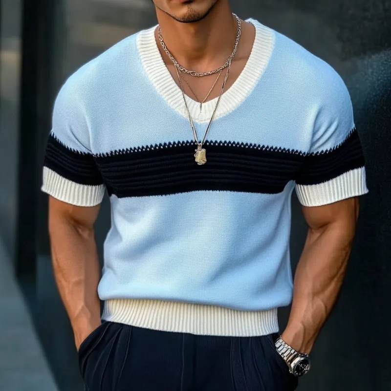 Men's Casual Contrast Color U-Neck Slim Fit Knitted Short Sleeve Sweater T-Shirt MTA1723C5M sold by Manly product image thumbnail 2