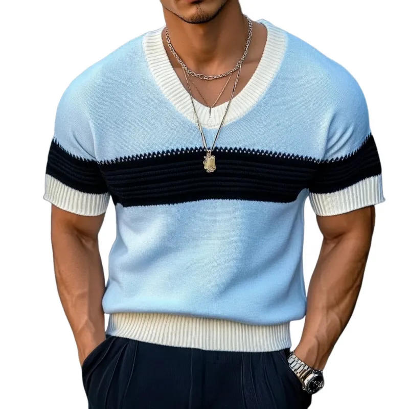 Men's Casual Contrast Color U-Neck Slim Fit Knitted Short Sleeve Sweater T-Shirt MTA1723C5M sold by Manly