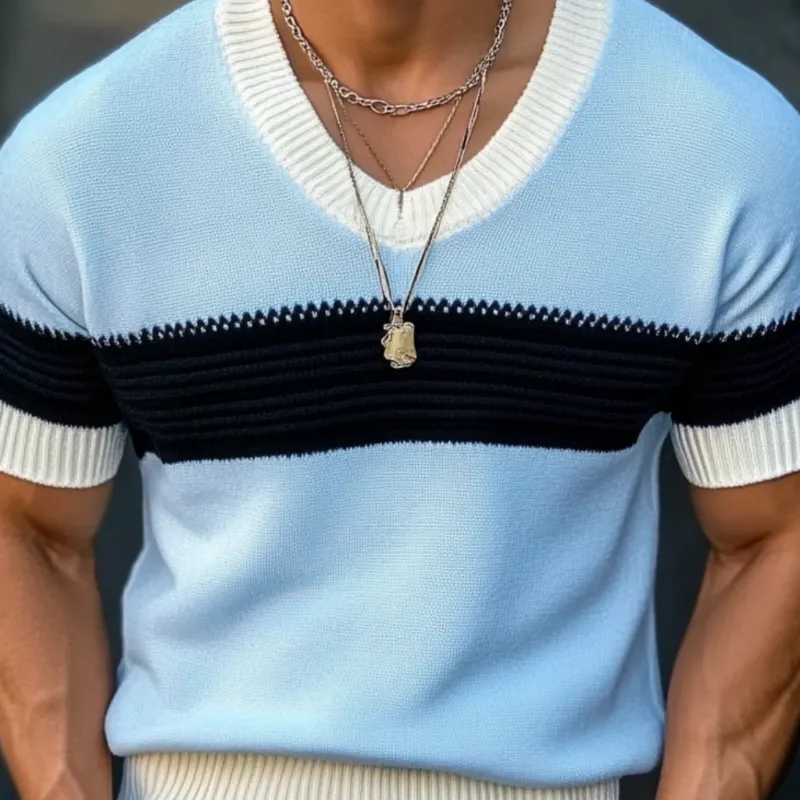 Men's Casual Contrast Color U-Neck Slim Fit Knitted Short Sleeve Sweater T-Shirt MTA1723C5M sold by Manly product image thumbnail 3
