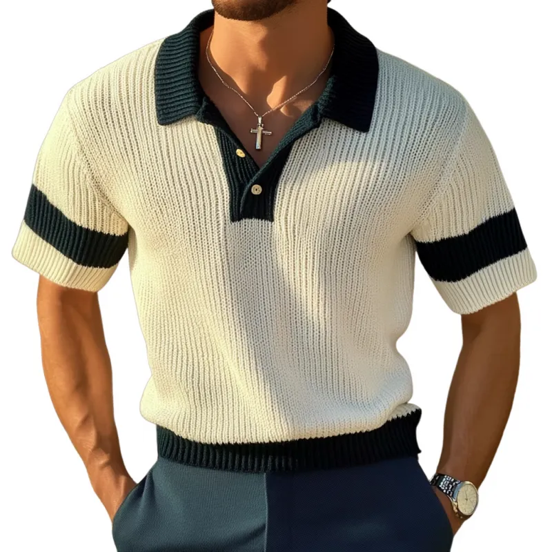 Men's Casual Contrast Lapel Slim Fit Knitted Short Sleeve Polo Shirt MTA1779C3M sold by Manly